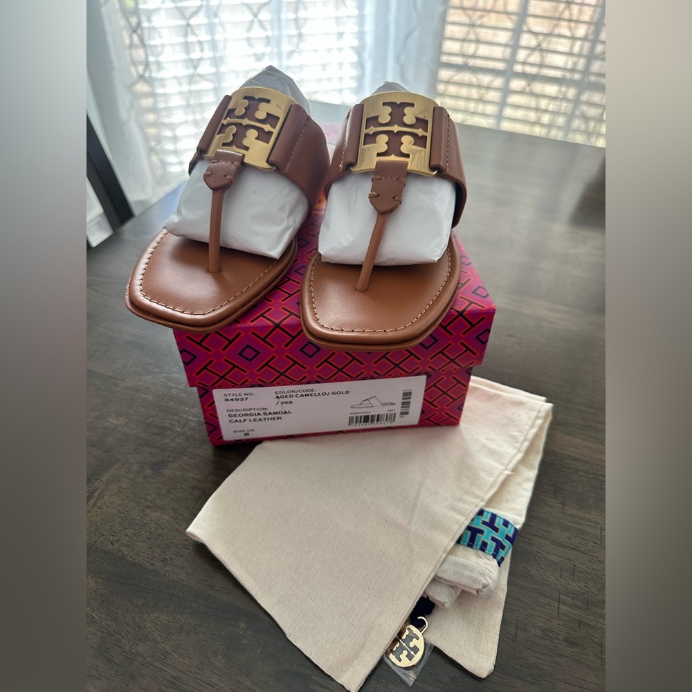 Tory Burch Tan Sandals with Gold Emblem